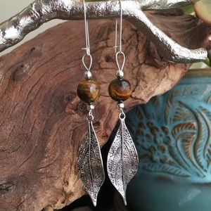 Tigers Eye Silver Leaf Dangle Earrings